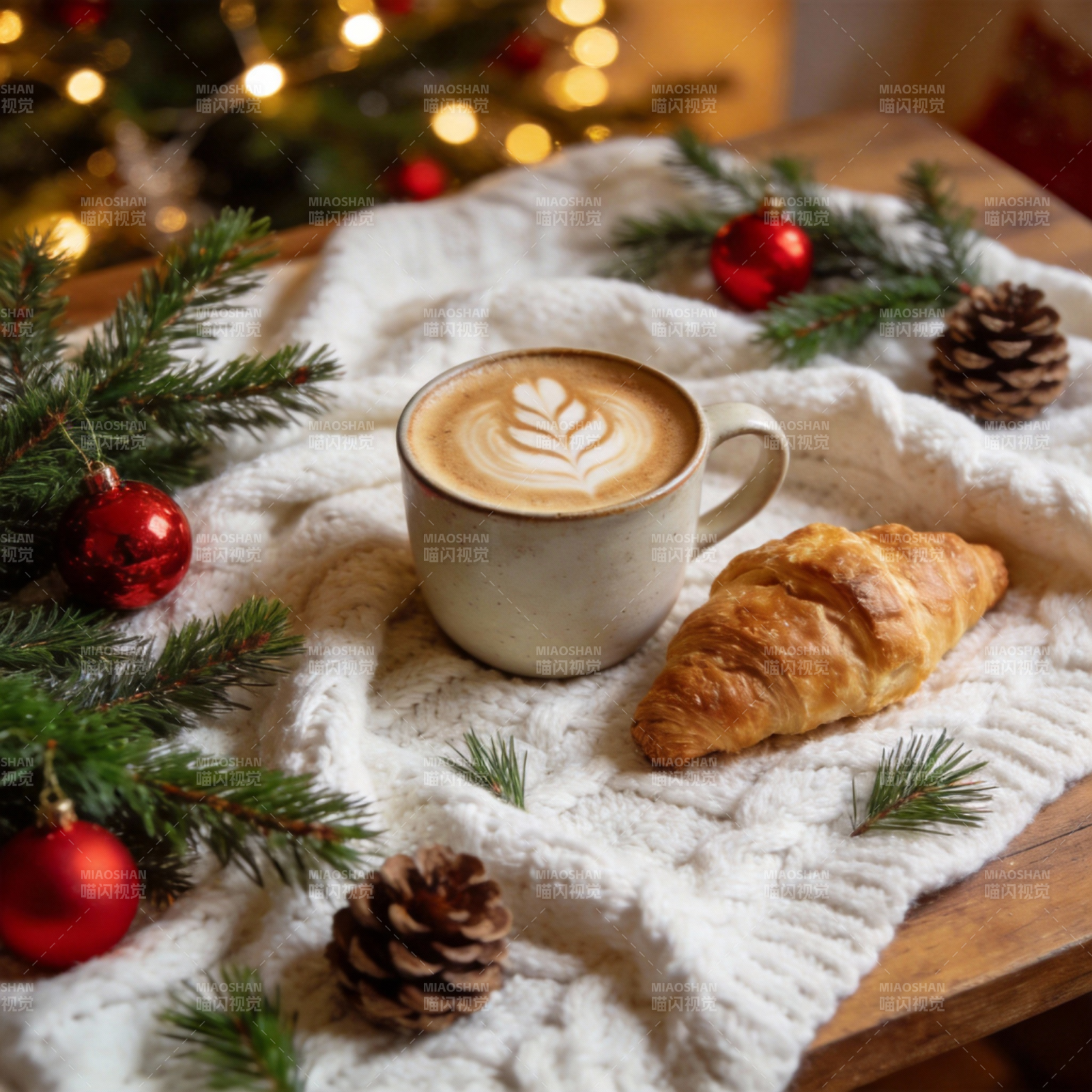 圣诞咖啡与羊角面包图片
