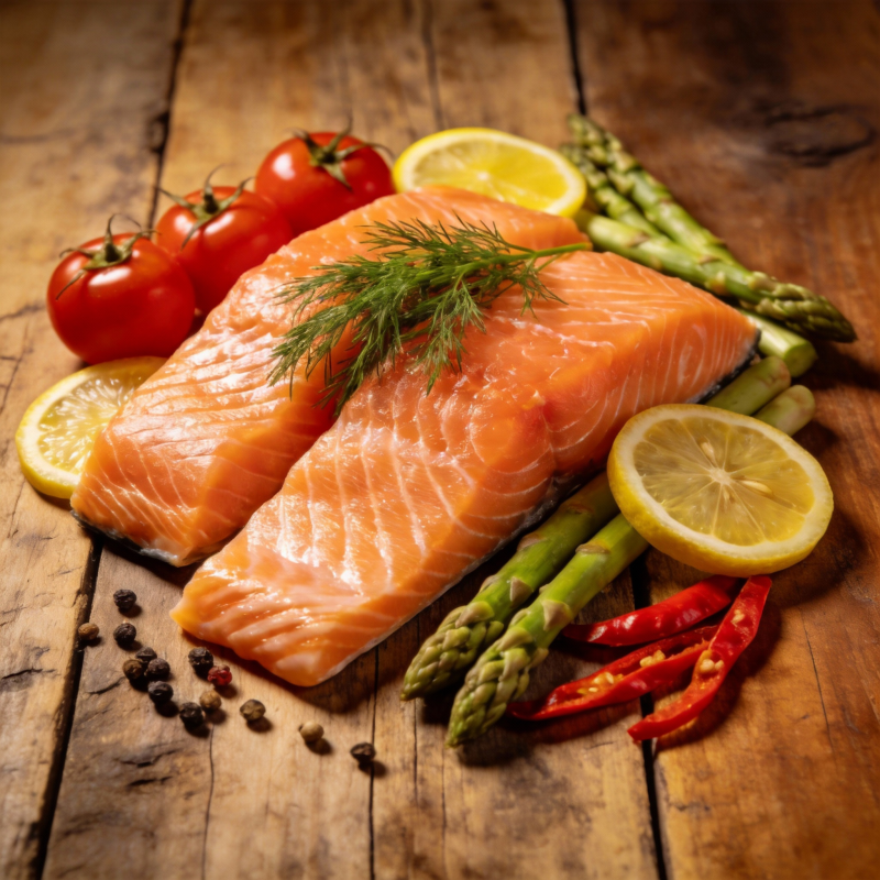 鲜嫩三文鱼配蔬菜图片