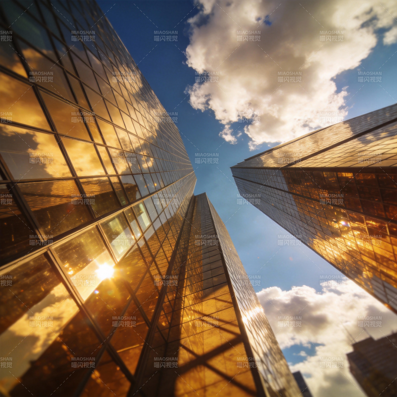 高楼映日 云影交织图片