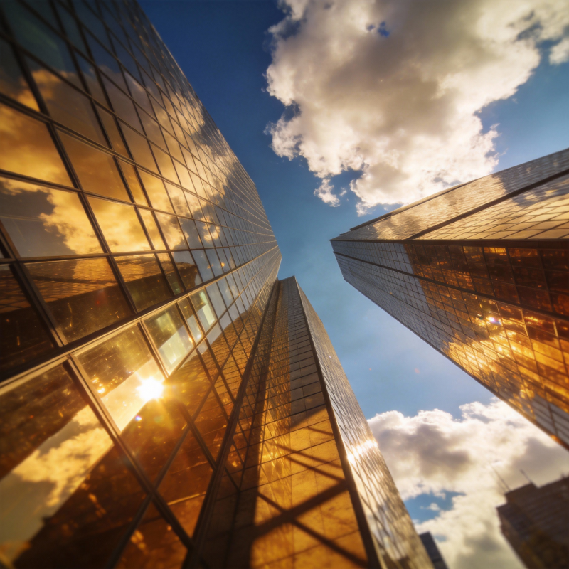 高楼映日 云影交织图片