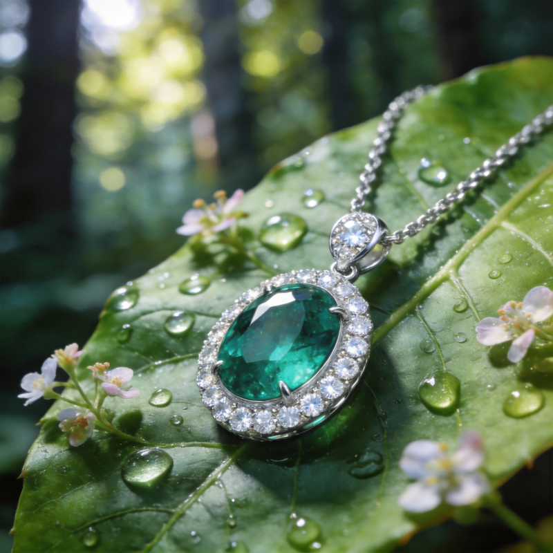 绿宝石吊坠静卧叶上图片