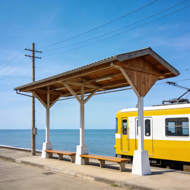 海边小站候车亭图片