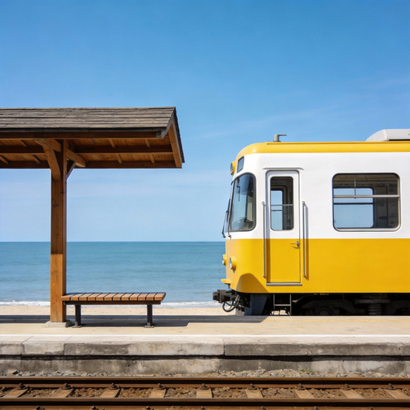 海边小站黄车停靠图片