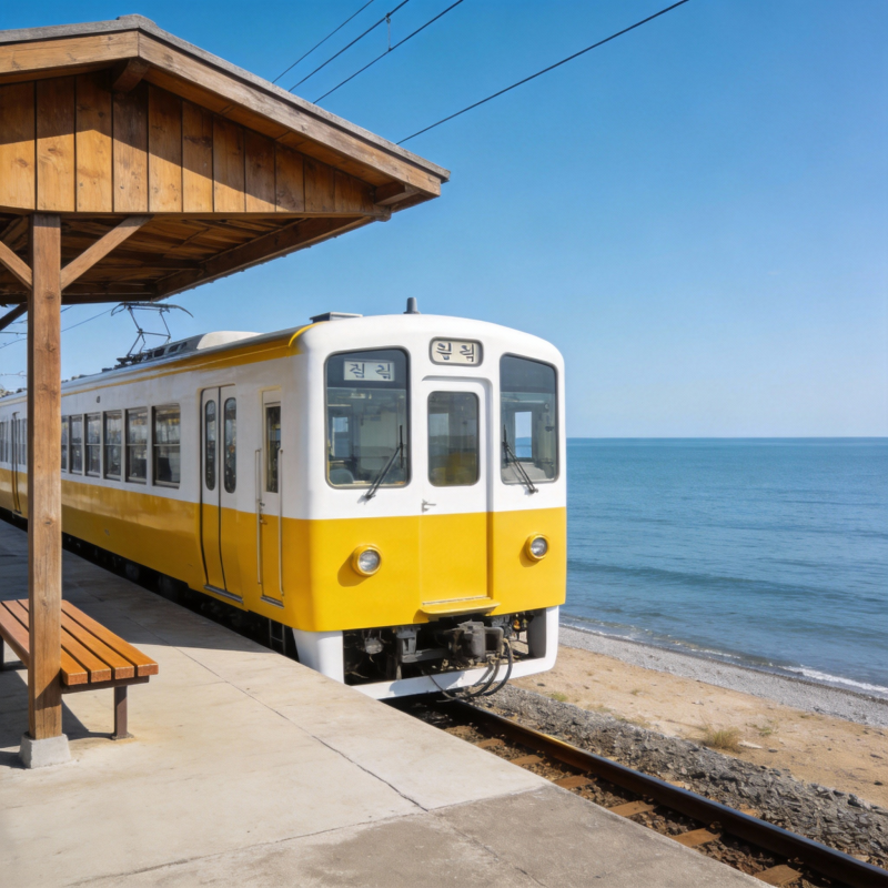 海边小站黄白列车图片