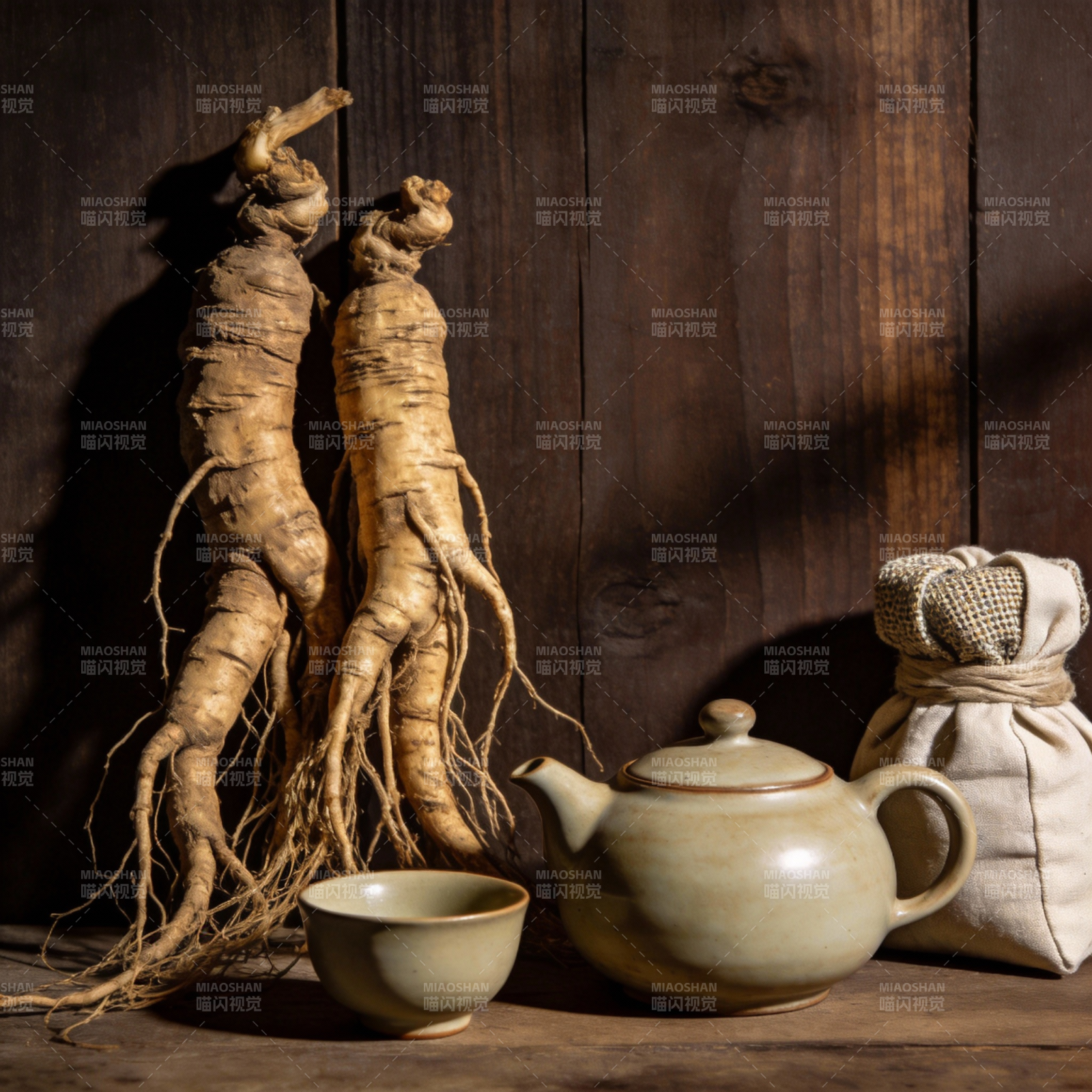 人参茶具静物图片