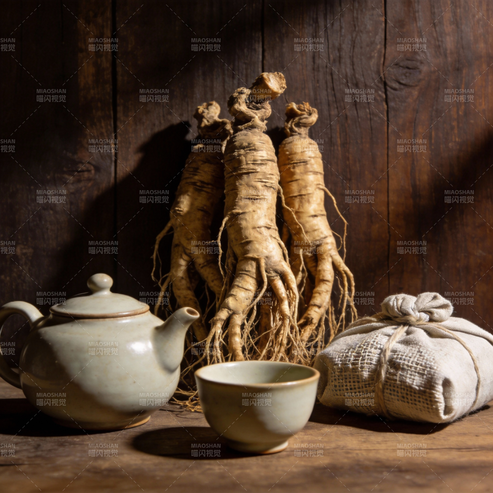 人参茶具静物图片