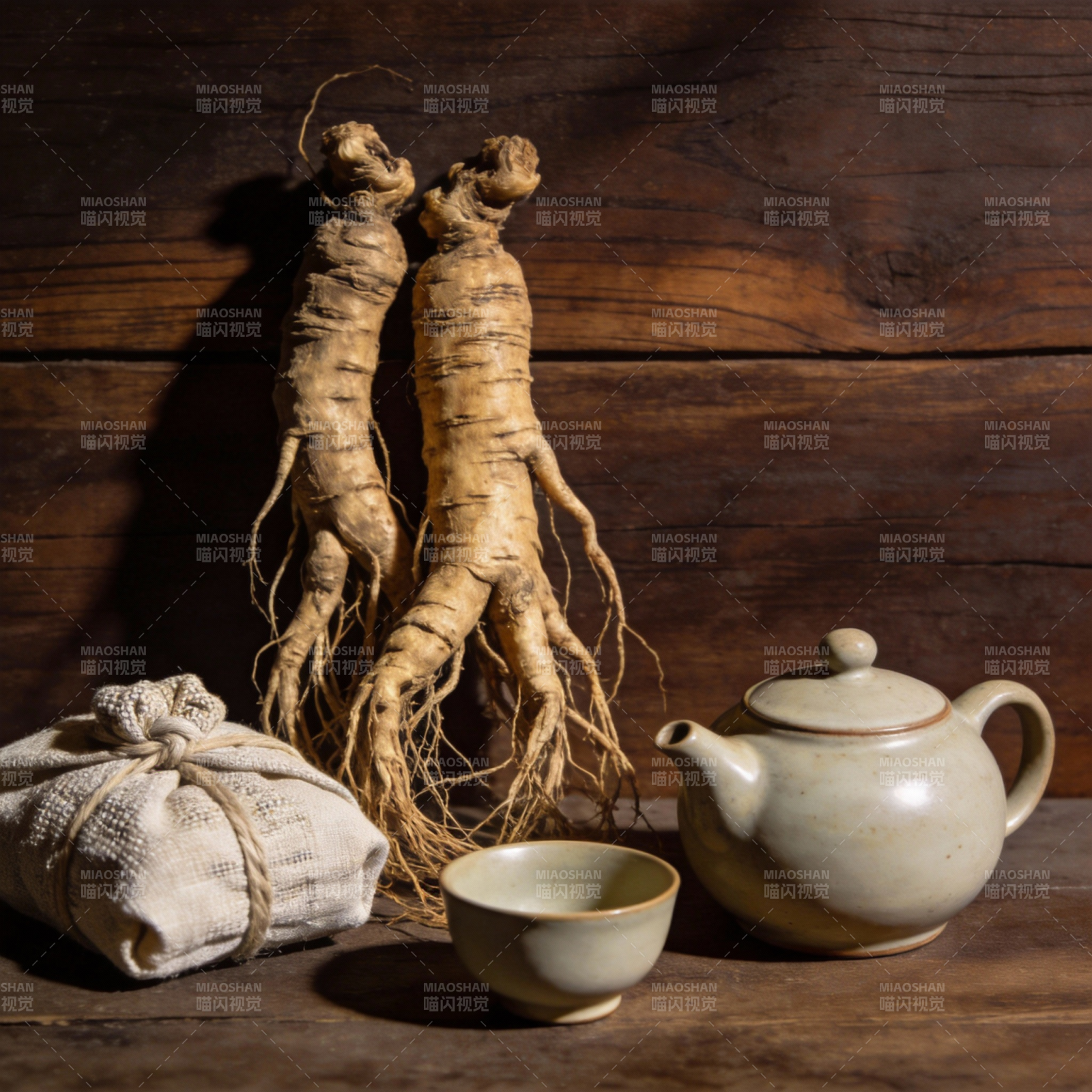 人参茶具静物图片