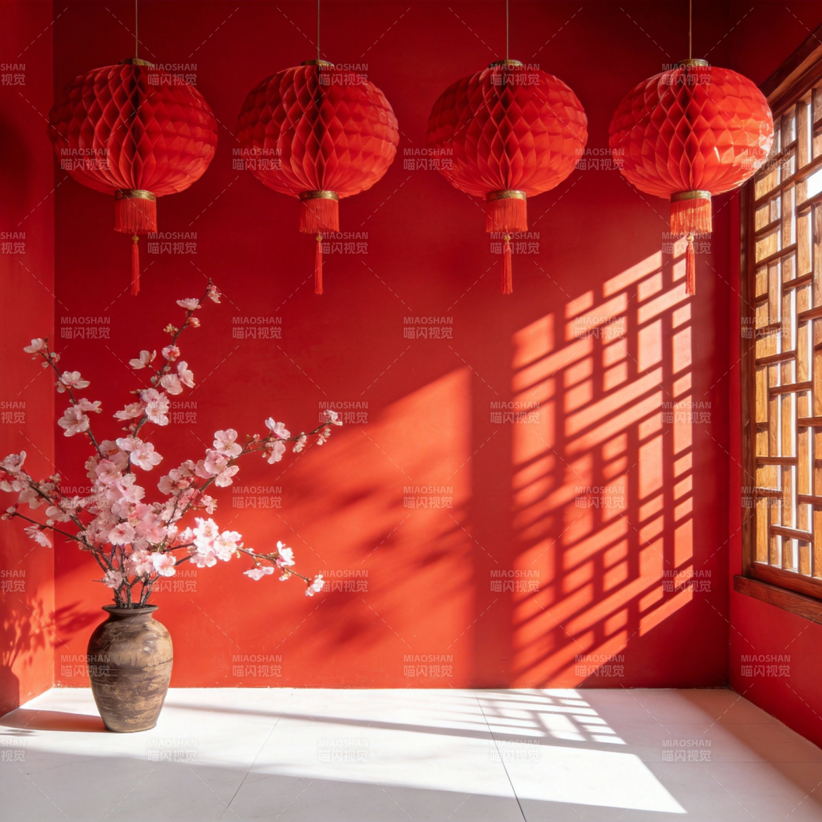 红墙映花影图片