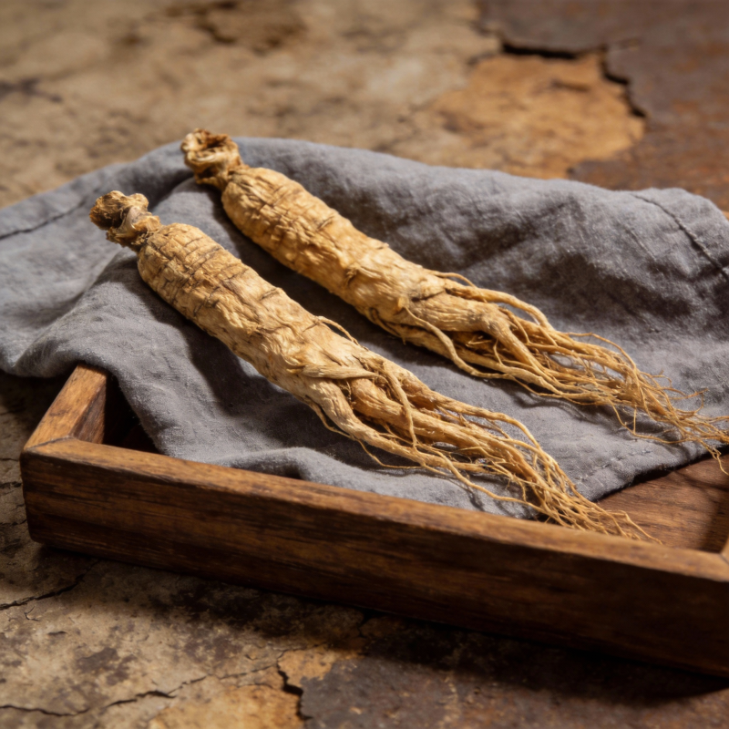 人参根茎静置木盘图片