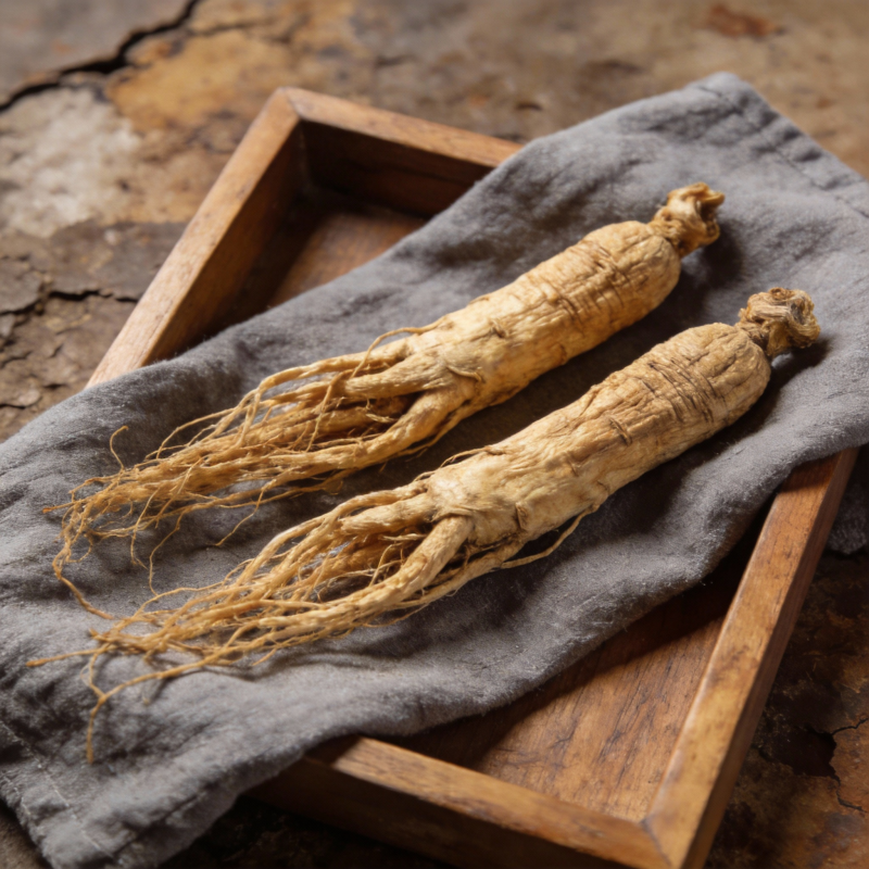 人参静置木盘中图片