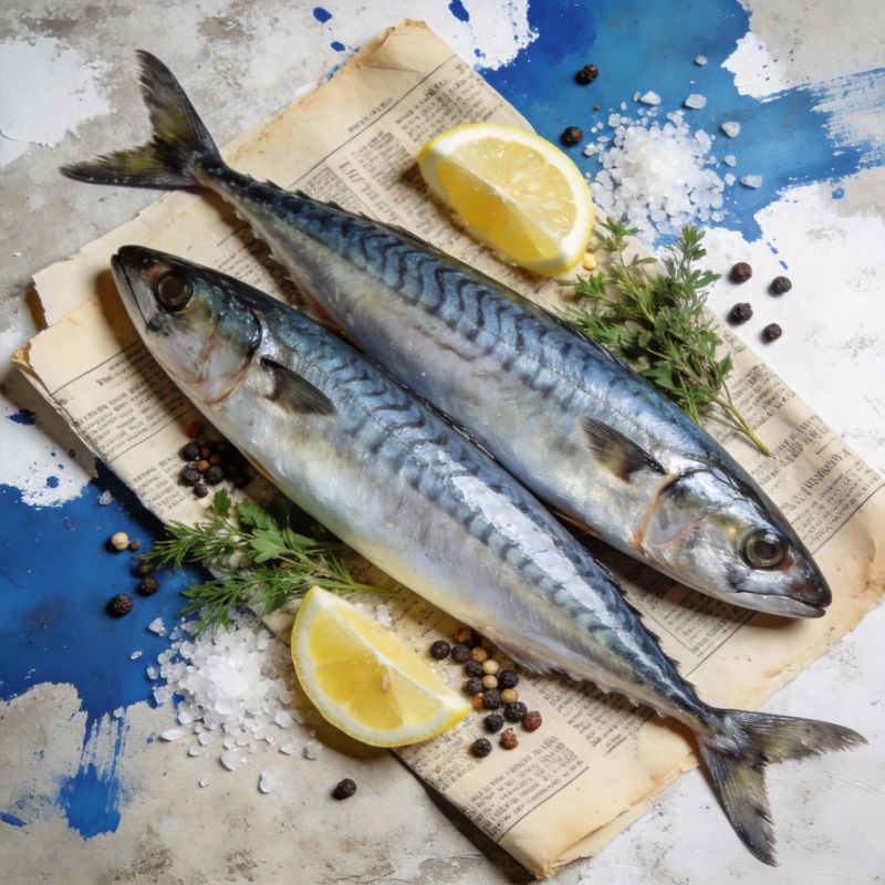 新鲜鲭鱼配柠檬图片