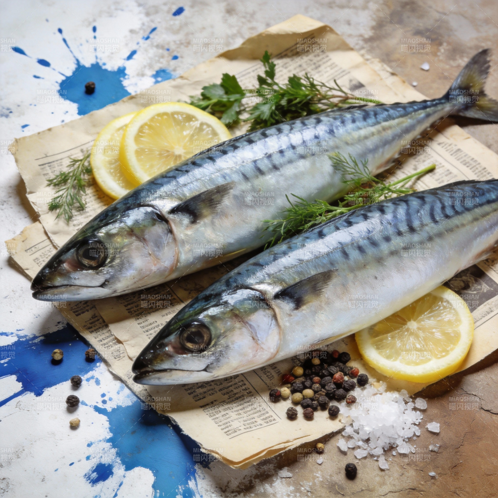 新鲜鲭鱼配柠檬图片