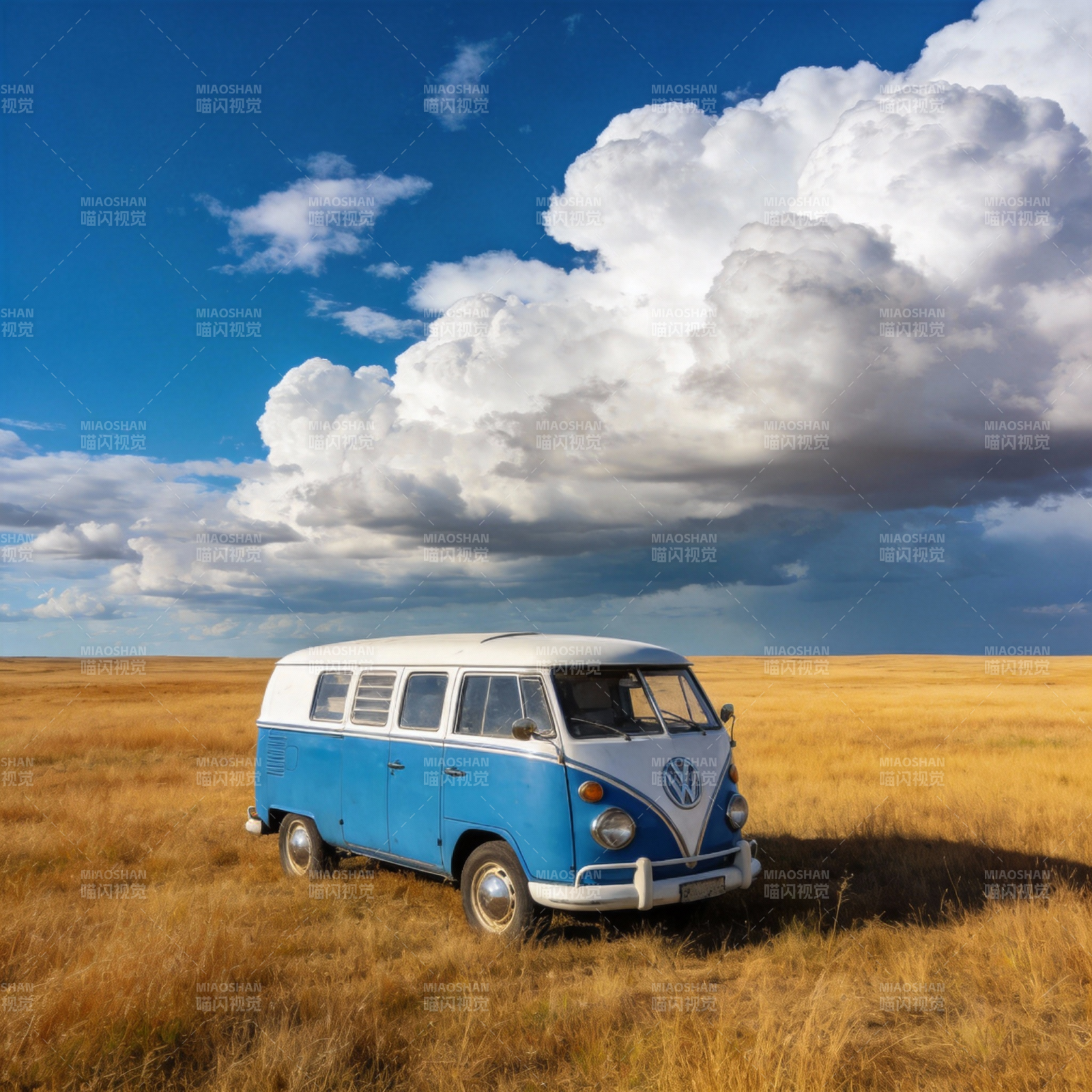 蓝白复古车草原行图片