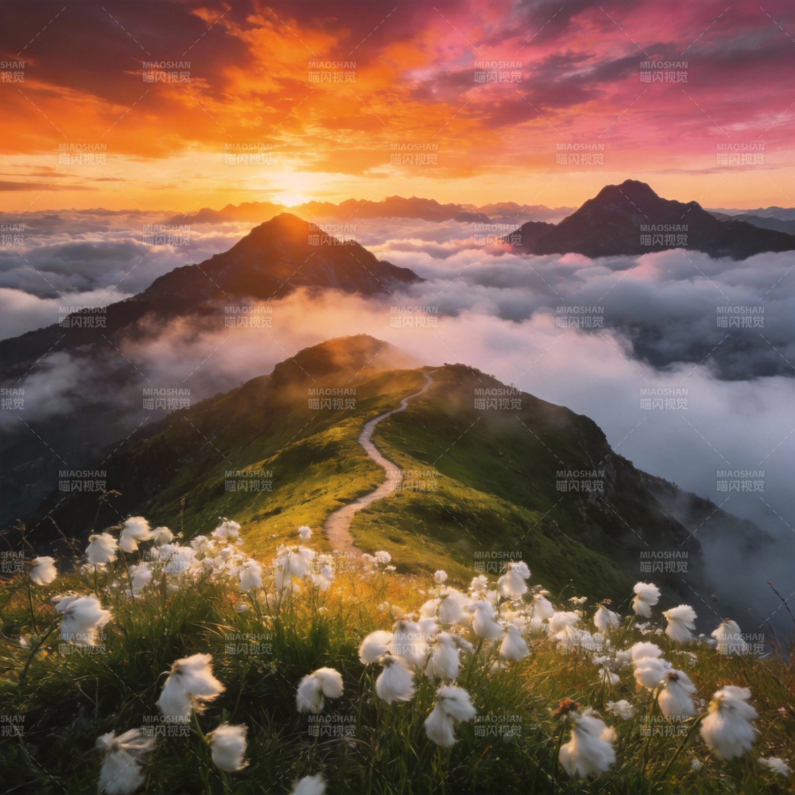 云海日出山径花图片