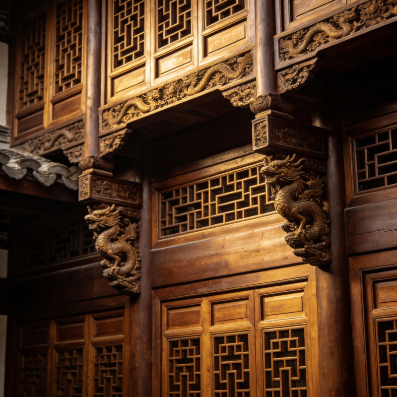 古建筑雕龙木门图片