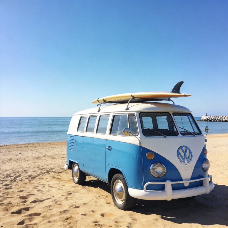 海滩上的复古露营车图片