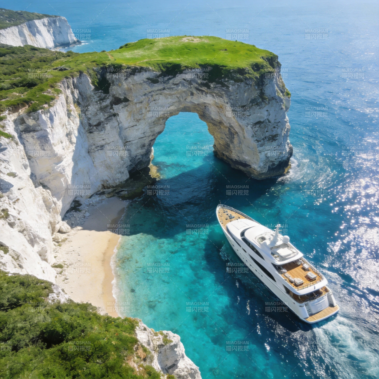游艇穿行天然拱门图片