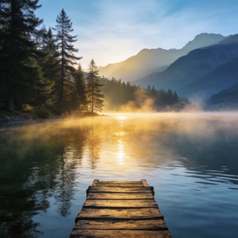 晨雾湖畔静谧景图片