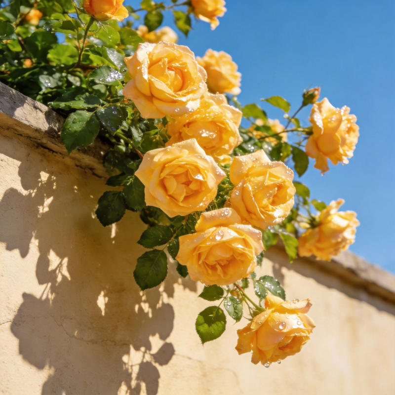 黄玫瑰墙边绽放图片