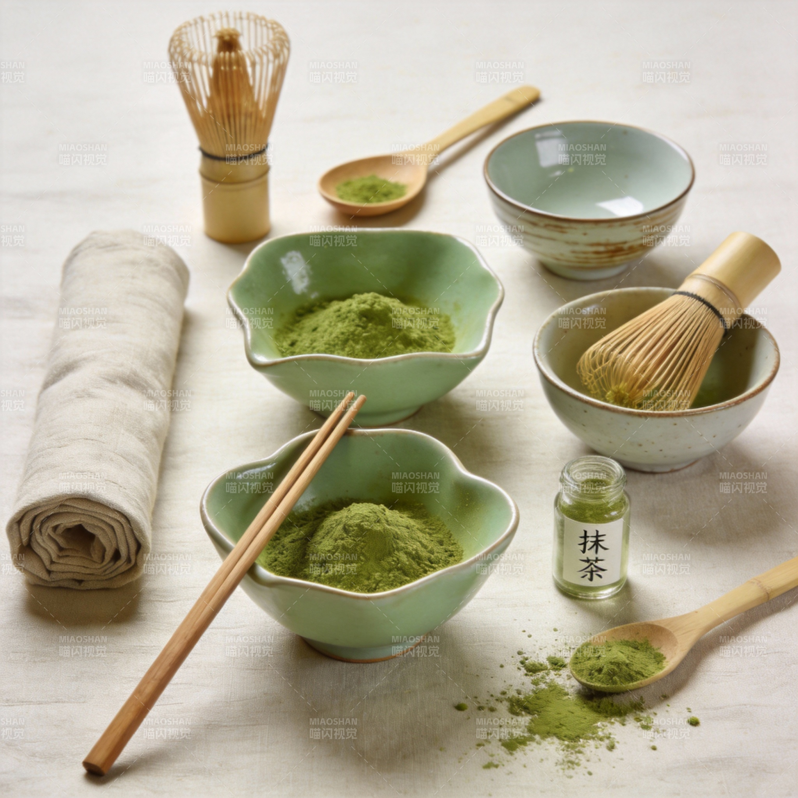 抹茶茶具摆设图片