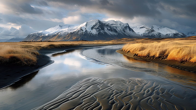 雪山映溪流图片