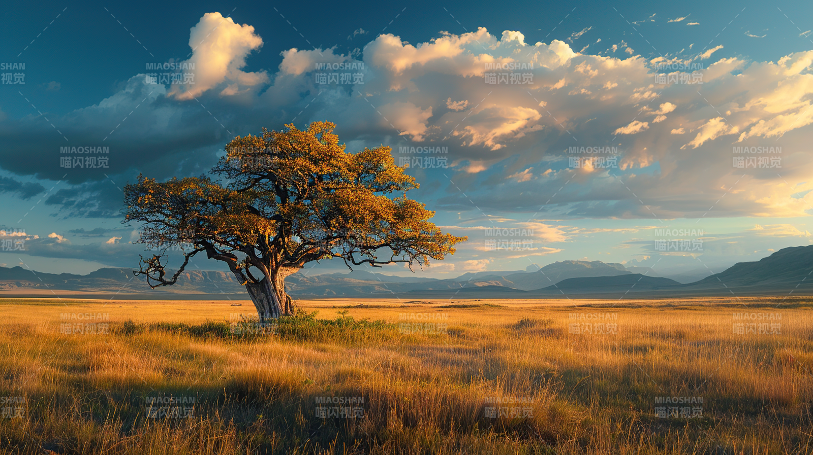 孤树草原暮色图片