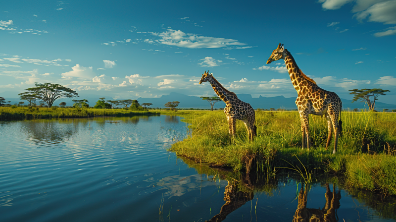 草原双 giraffe 水边图片