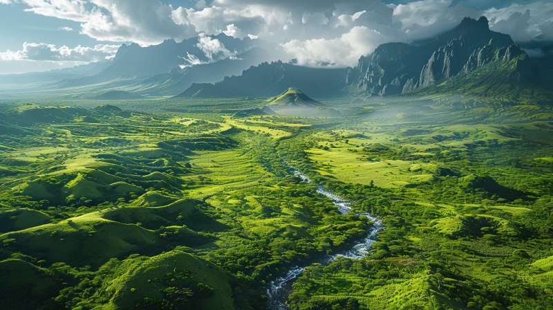 绿野溪流山影图片