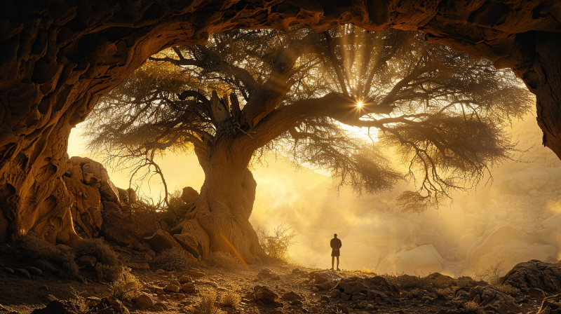 洞中古树迎曦光图片