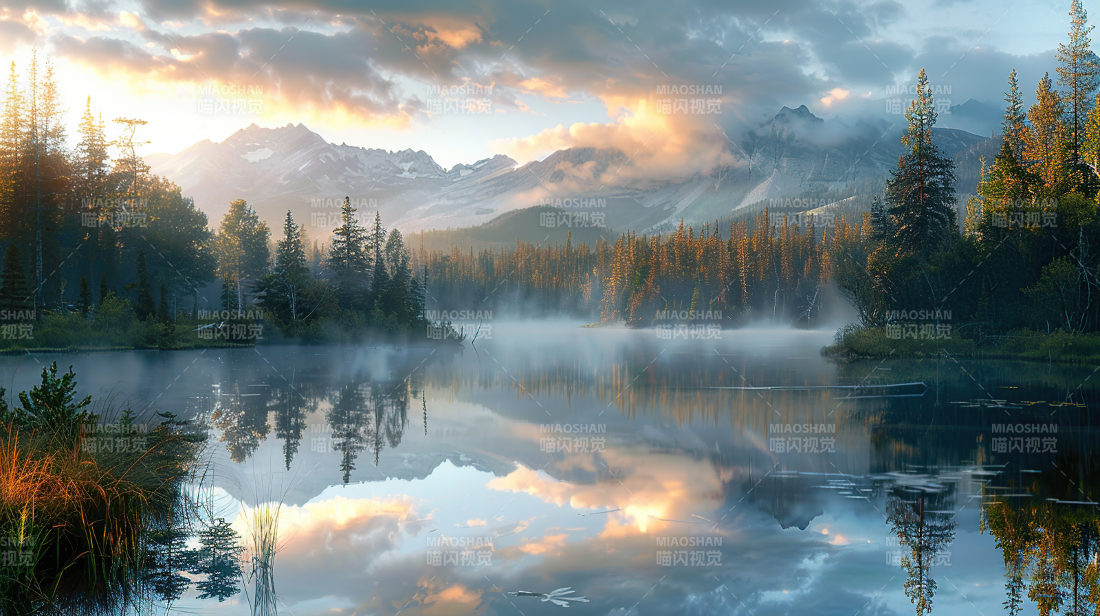 晨雾湖光山色图片