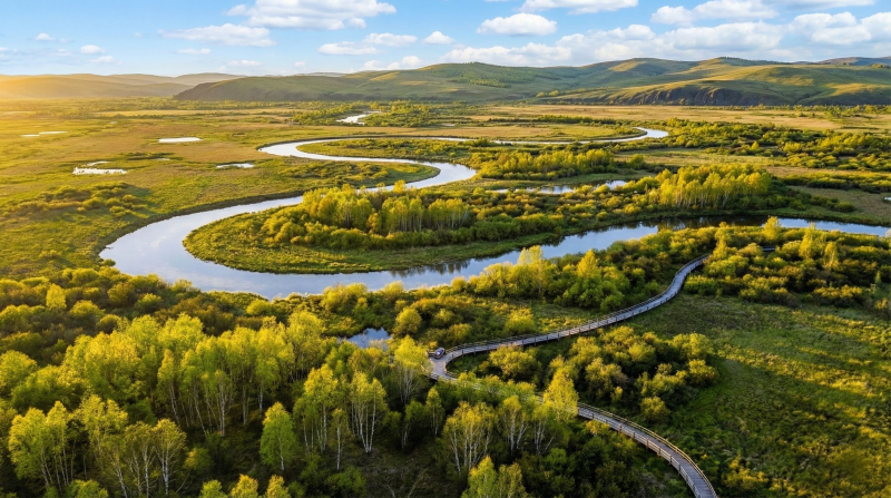 蜿蜒河流绿野间图片