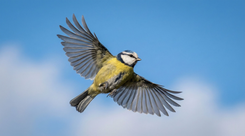 蓝山雀飞翔于蓝天图片
