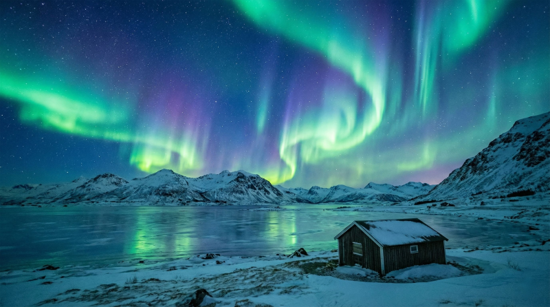 极光映雪屋图片