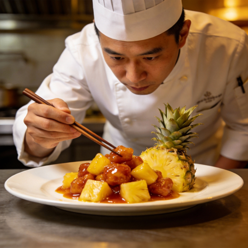 厨师精心摆盘菠萝咕咾肉图片