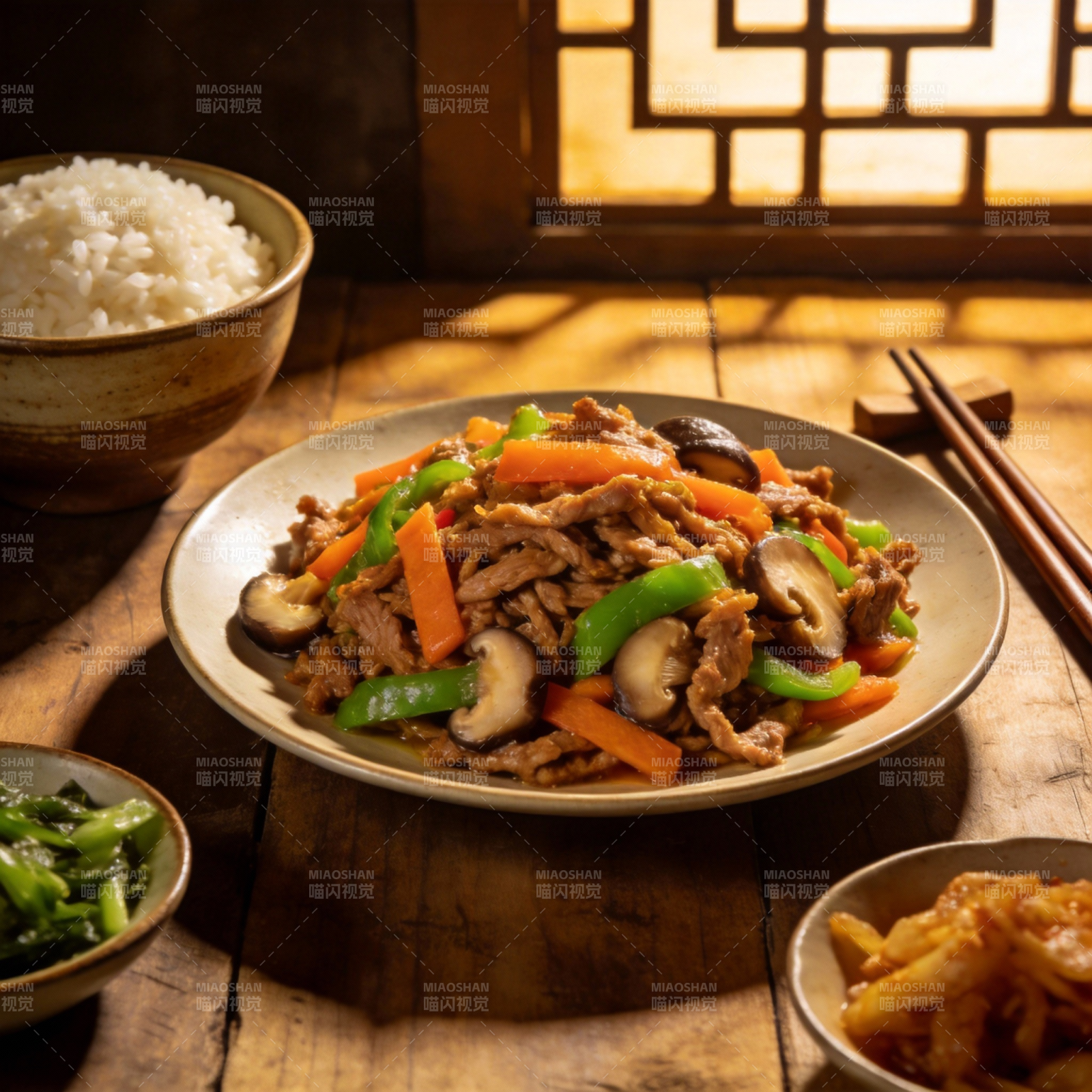 中式炒肉配蔬菜图片