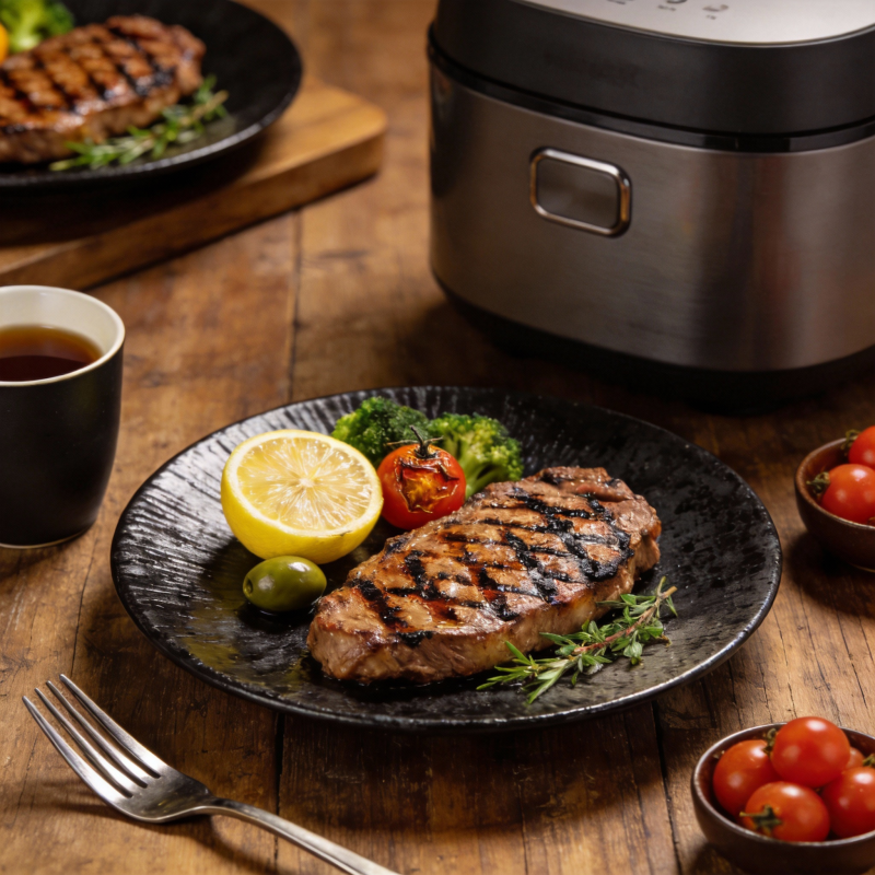 美味烤肉配柠檬图片