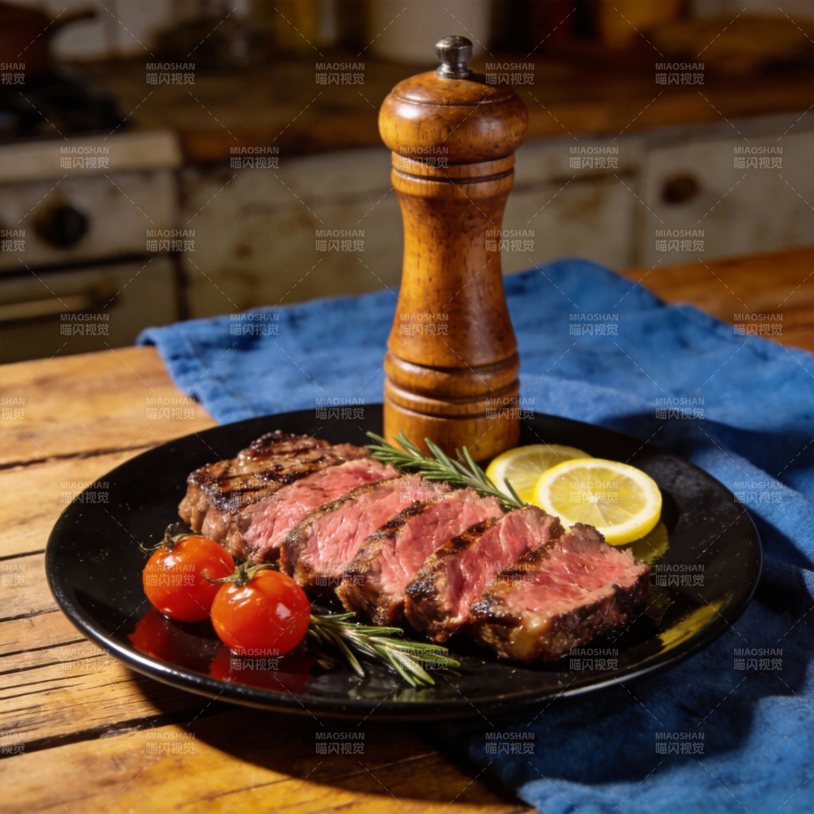 美味牛排配柠檬图片