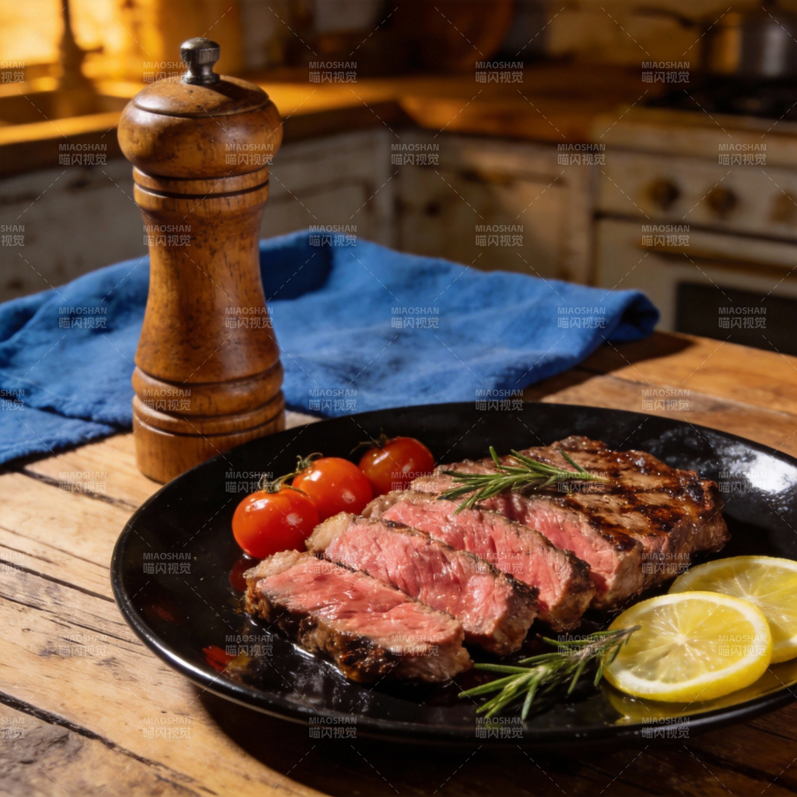 香煎牛排配柠檬图片