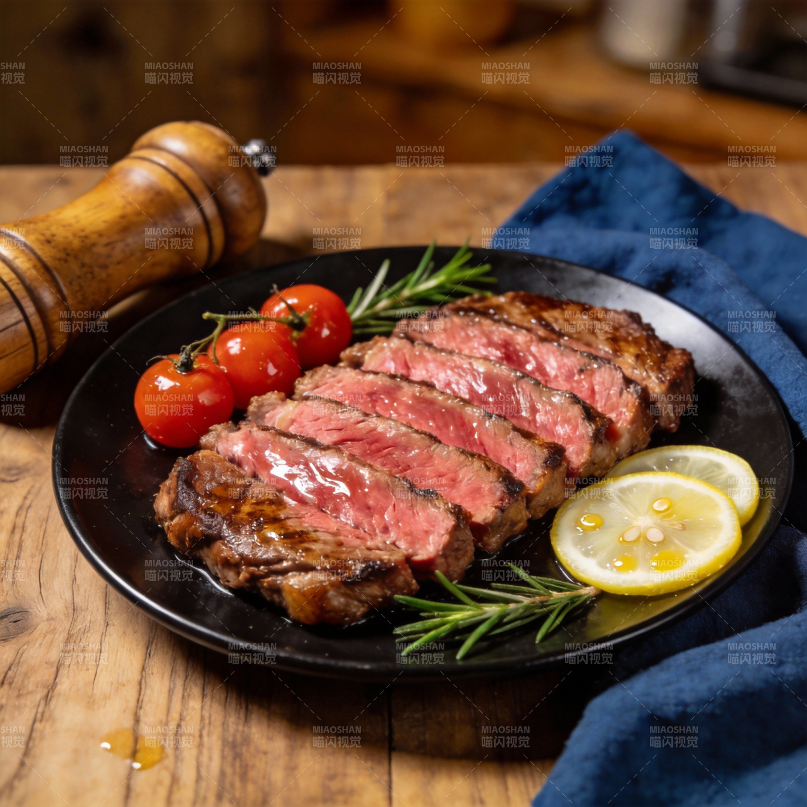 香煎牛排配柠檬图片