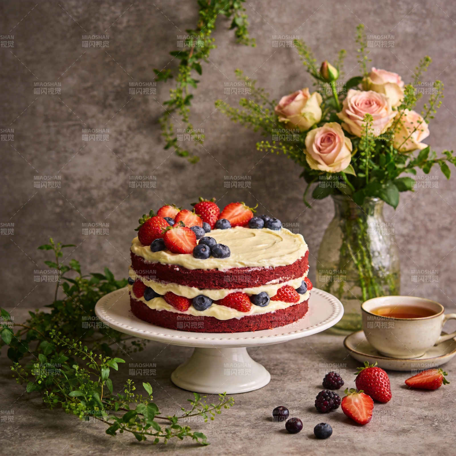 红丝绒蛋糕配浆果图片