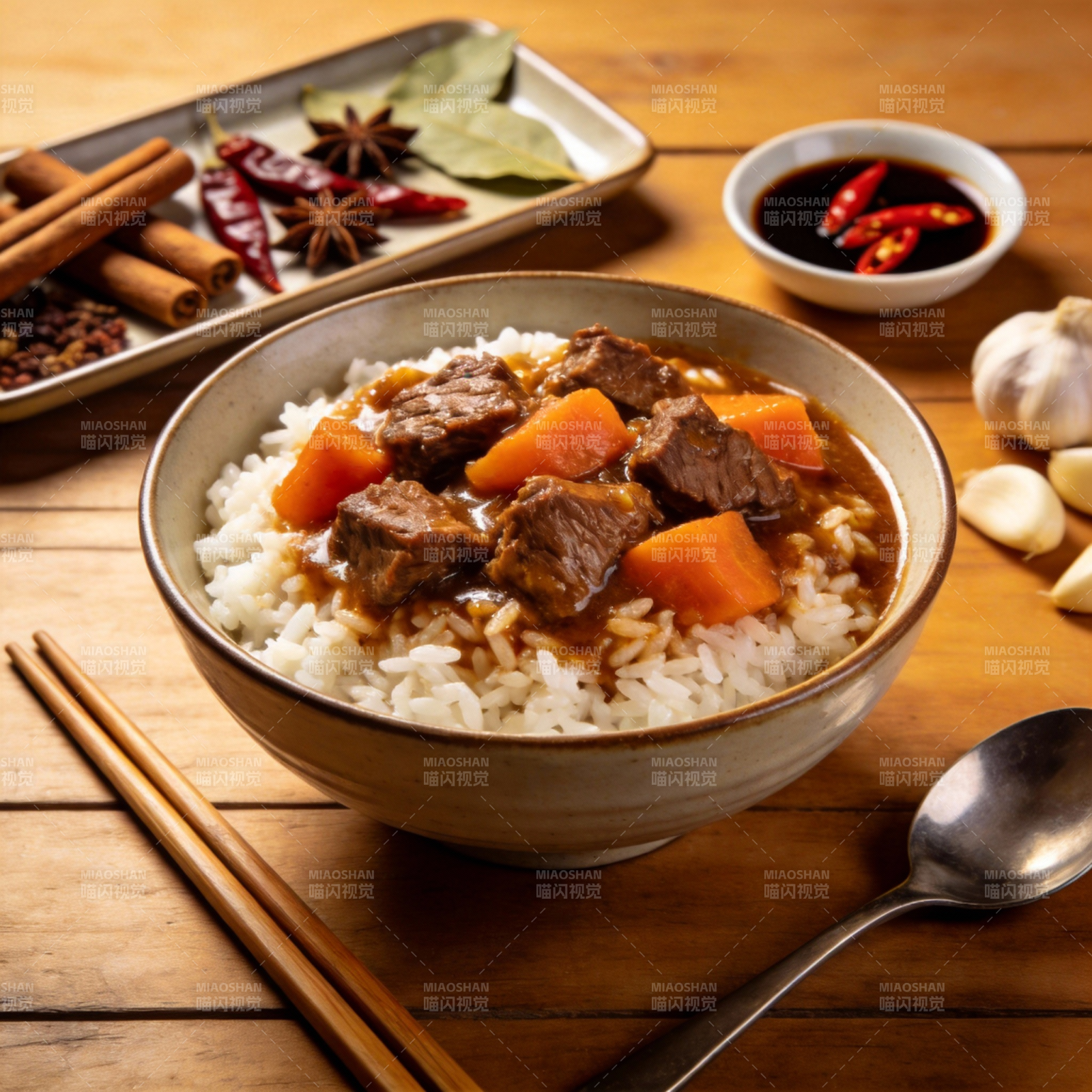牛肉炖饭配香料图片