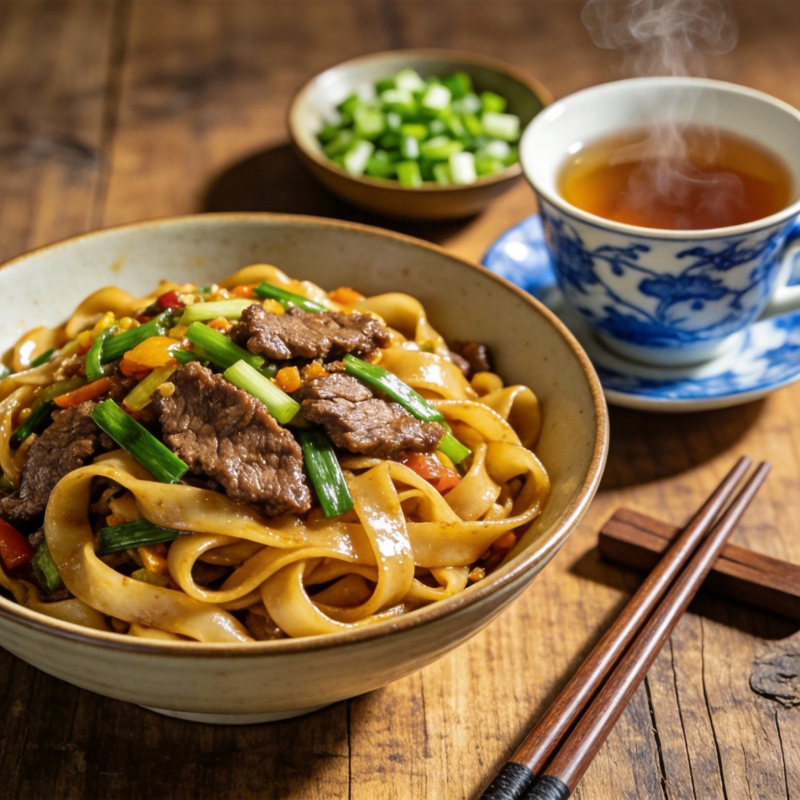 牛肉炒面配茶图片