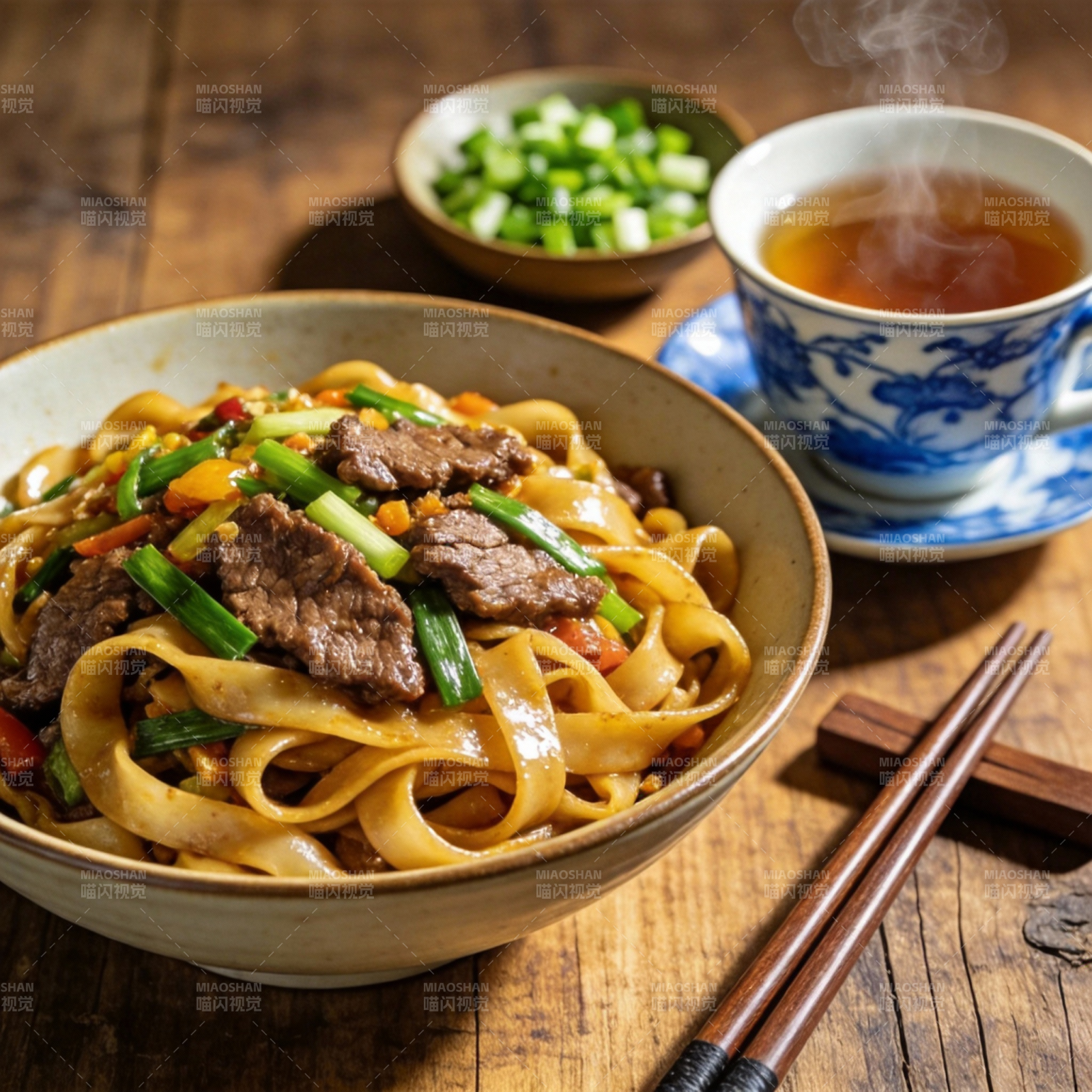 牛肉炒面配茶图片