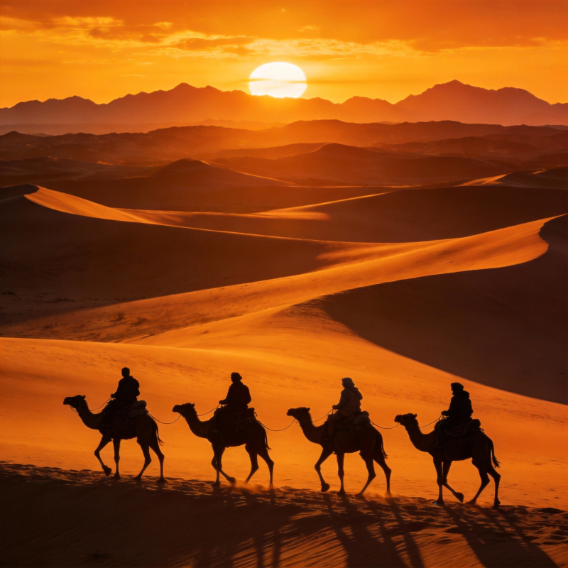 沙漠驼影夕阳图片