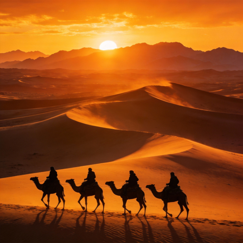 沙漠驼铃日落时图片