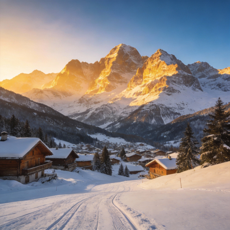 雪山晨曦小镇图片