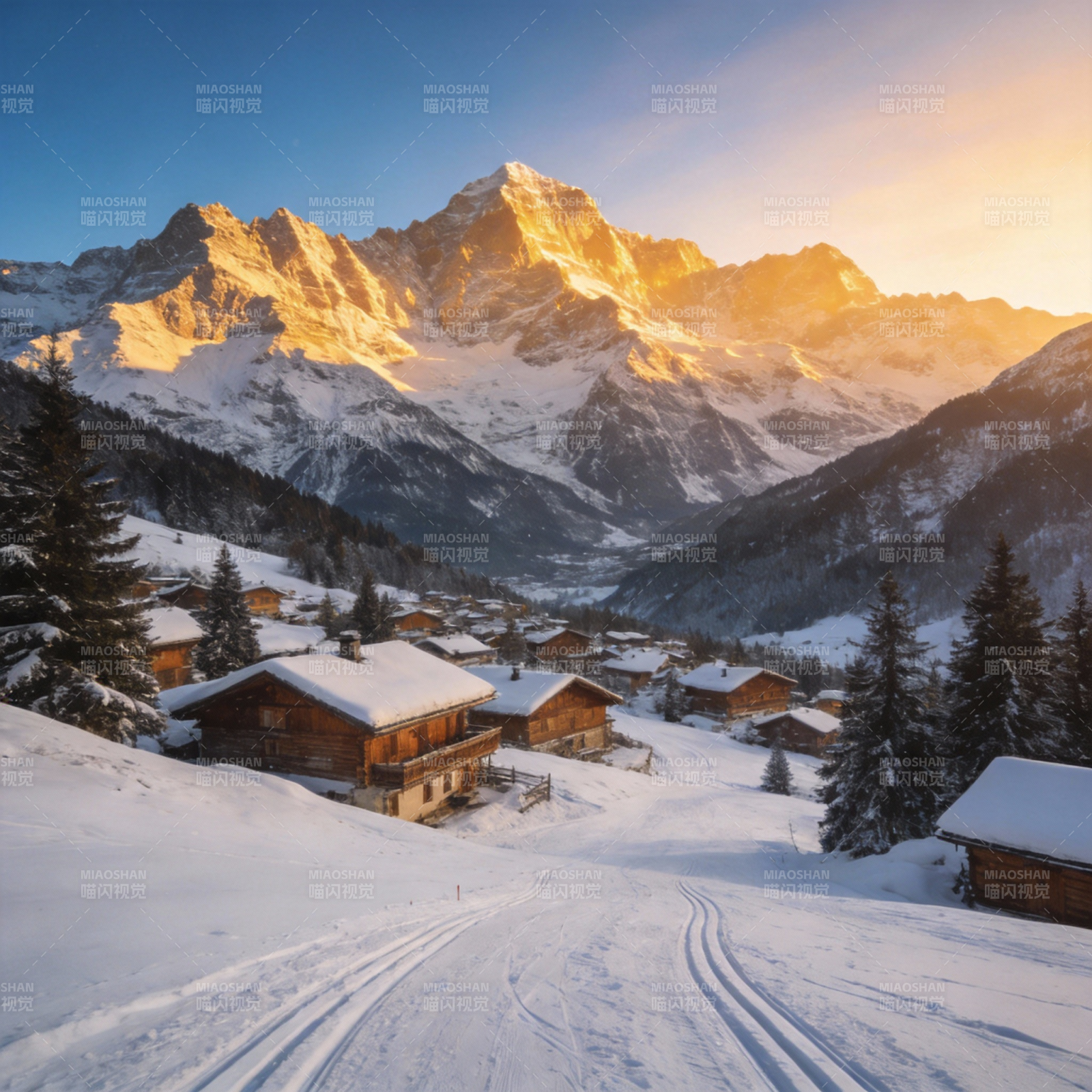 雪峰晨曦小镇图片