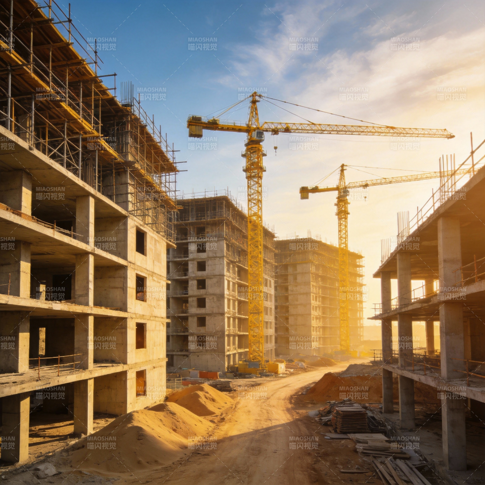 建筑工地日出景象图片