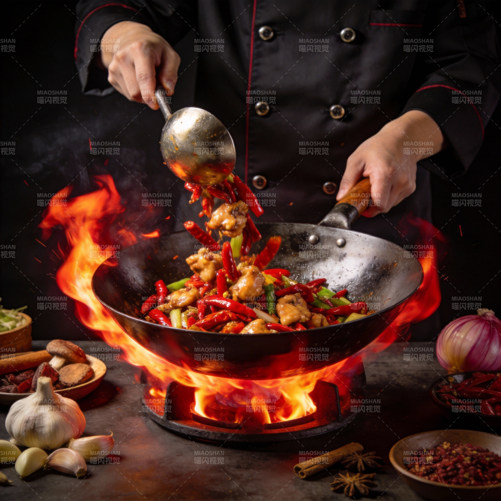 火焰炒锅美食图片