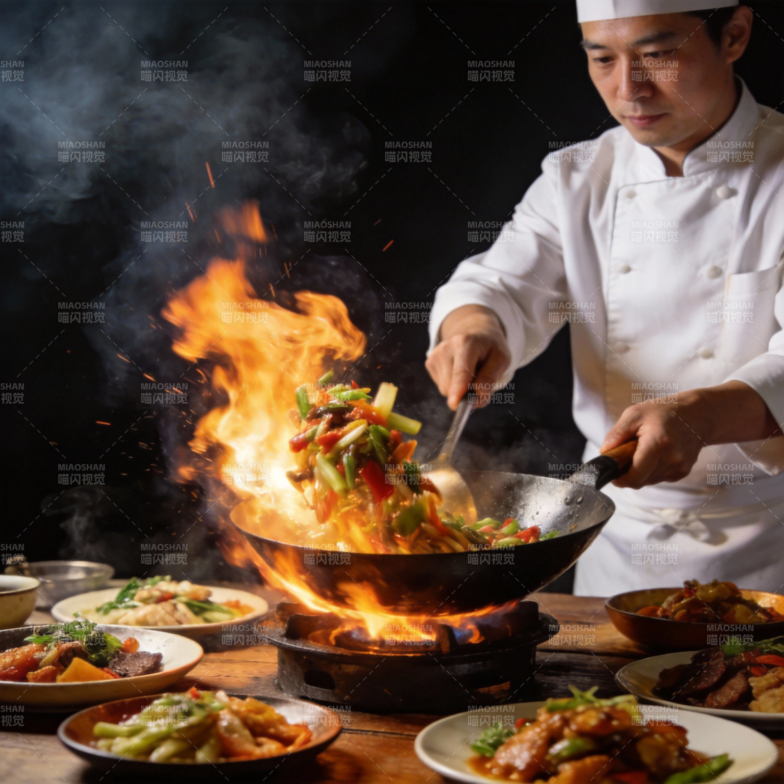 火焰炒菜 厨艺精湛图片